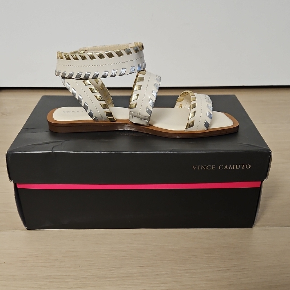 Vince Camuto White and Gold Strappy Sandals
